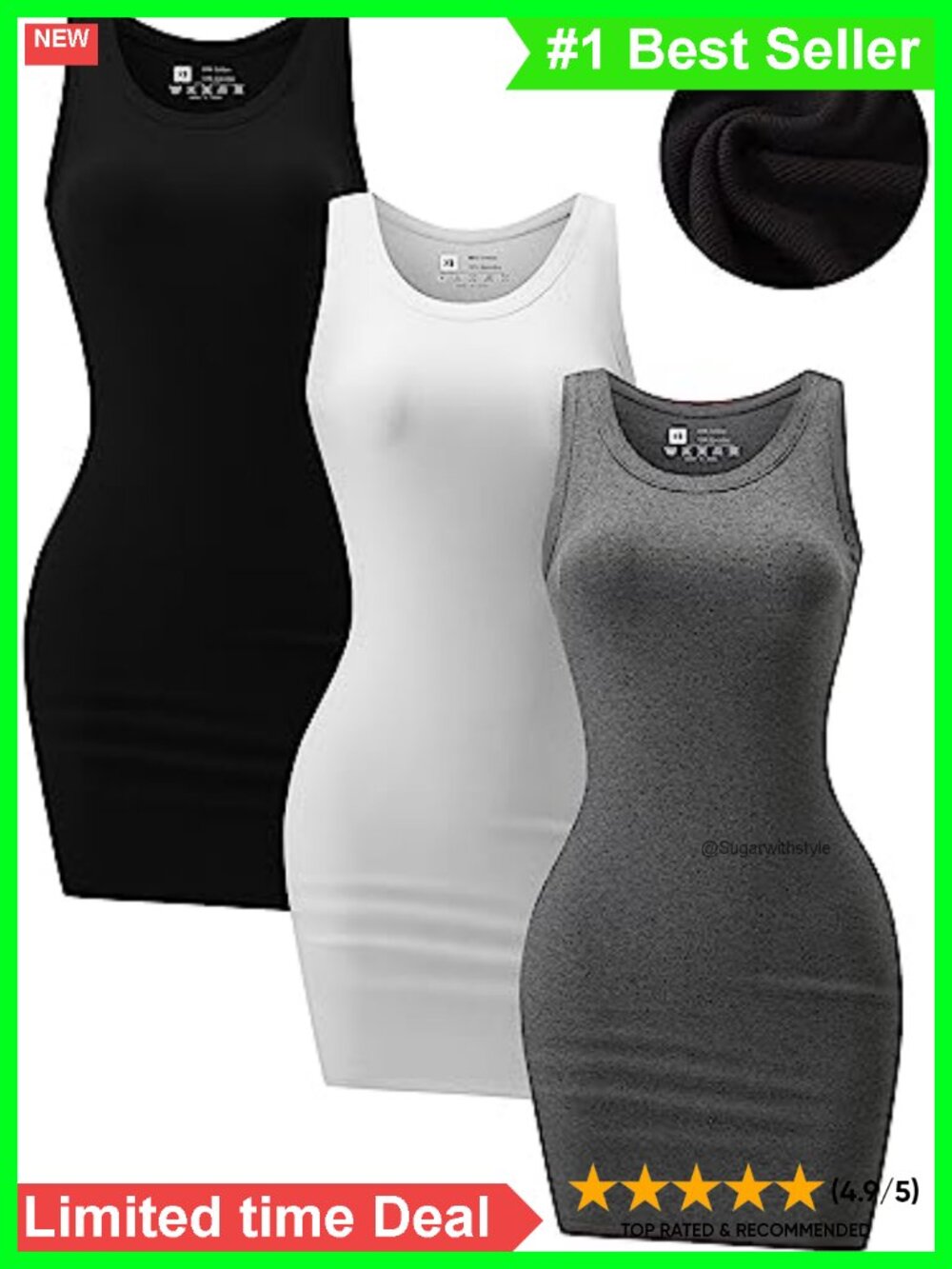 3 Pack Bodycon Mini Tank Dresses Sleeveless Ribbed Slim Fit Summer Club